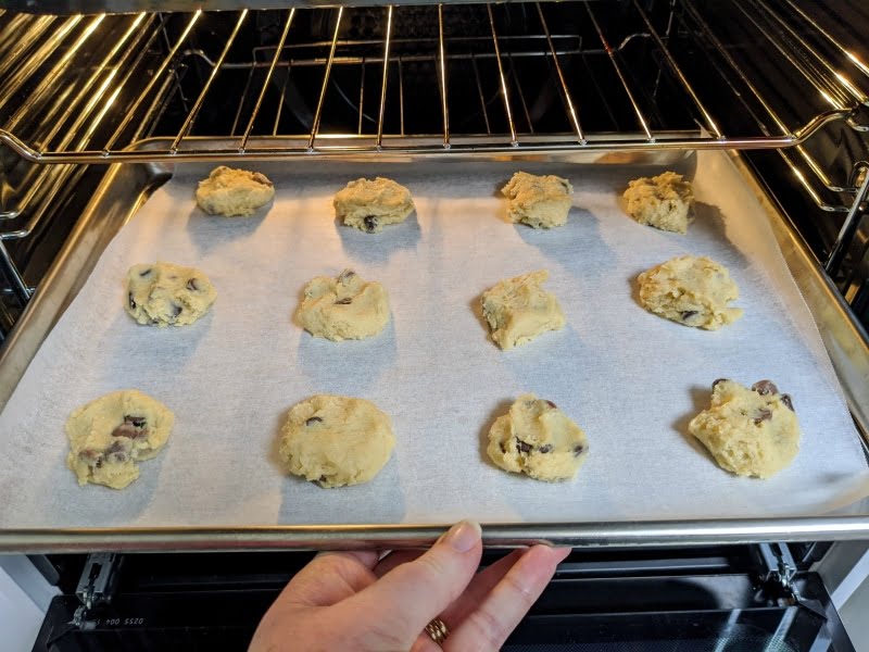 sourdough chocolate chip cookies in oven